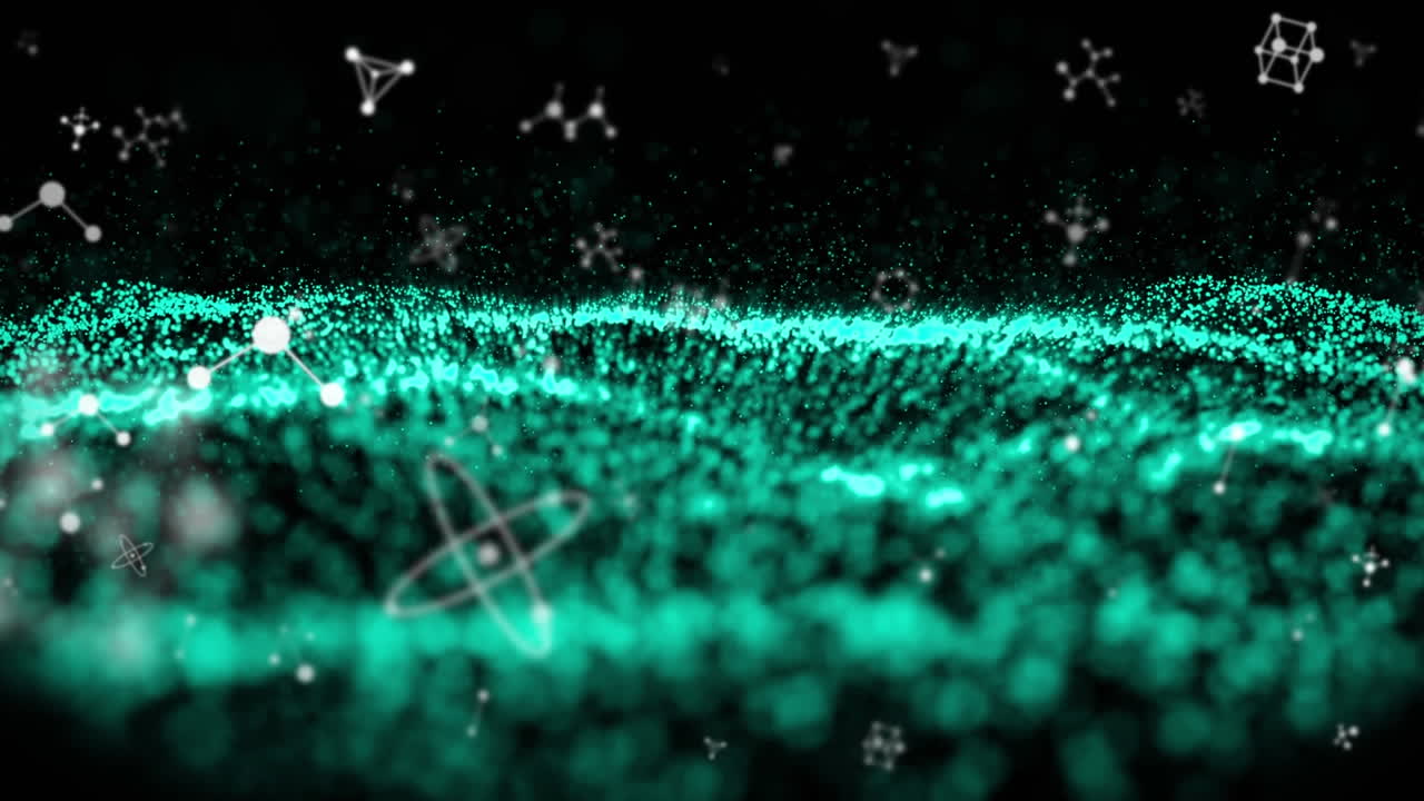 파란색 움직이는 파도 위에 떨어지는 연결의 금색 네트워크의 애니메이션