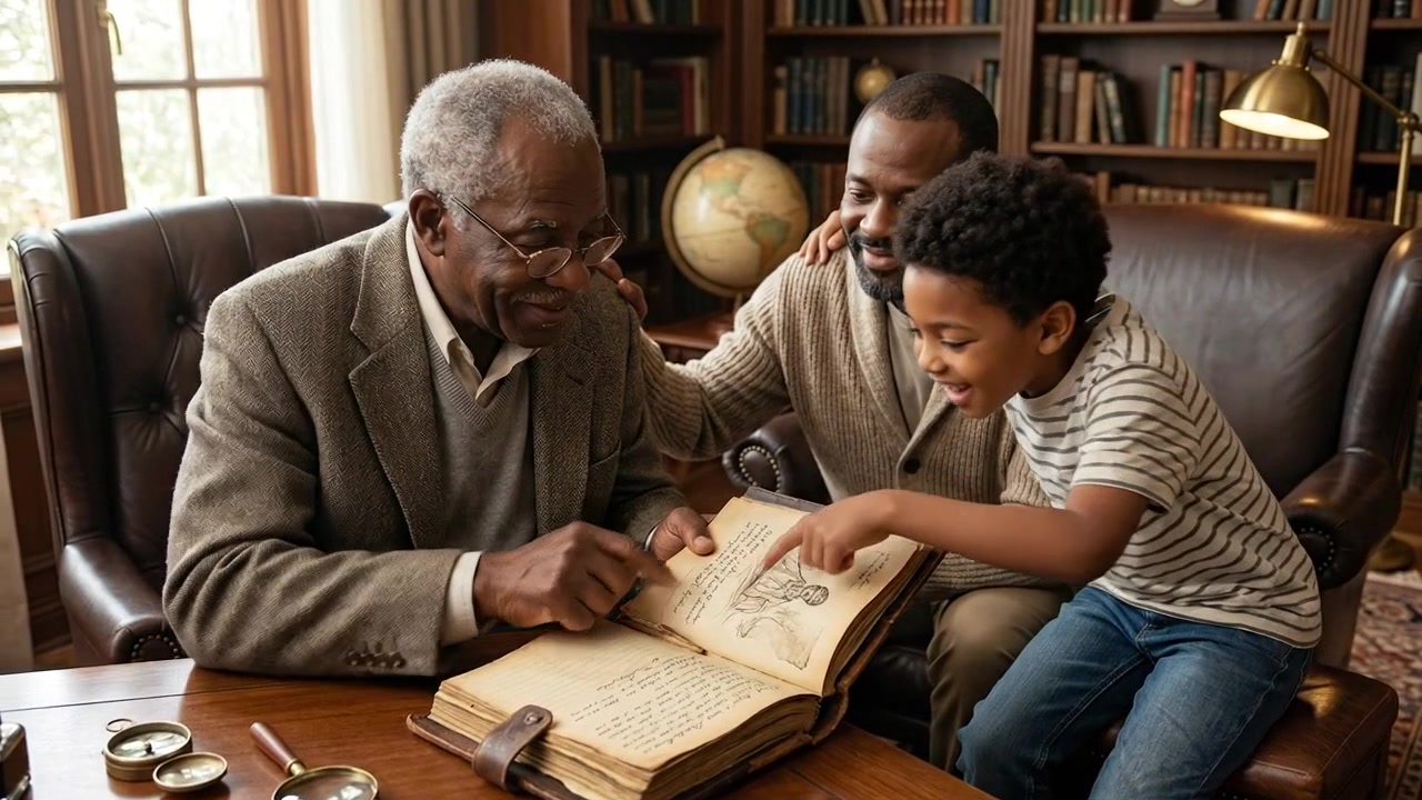 Grandfather and Father Reading an Old Book with Young Boy