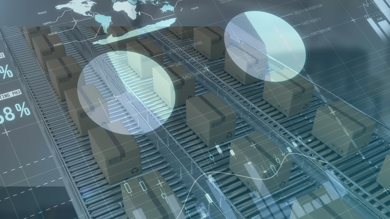 animación del procesamiento de estadísticas sobre cajas de cartón en cintas transportadoras en el fondo