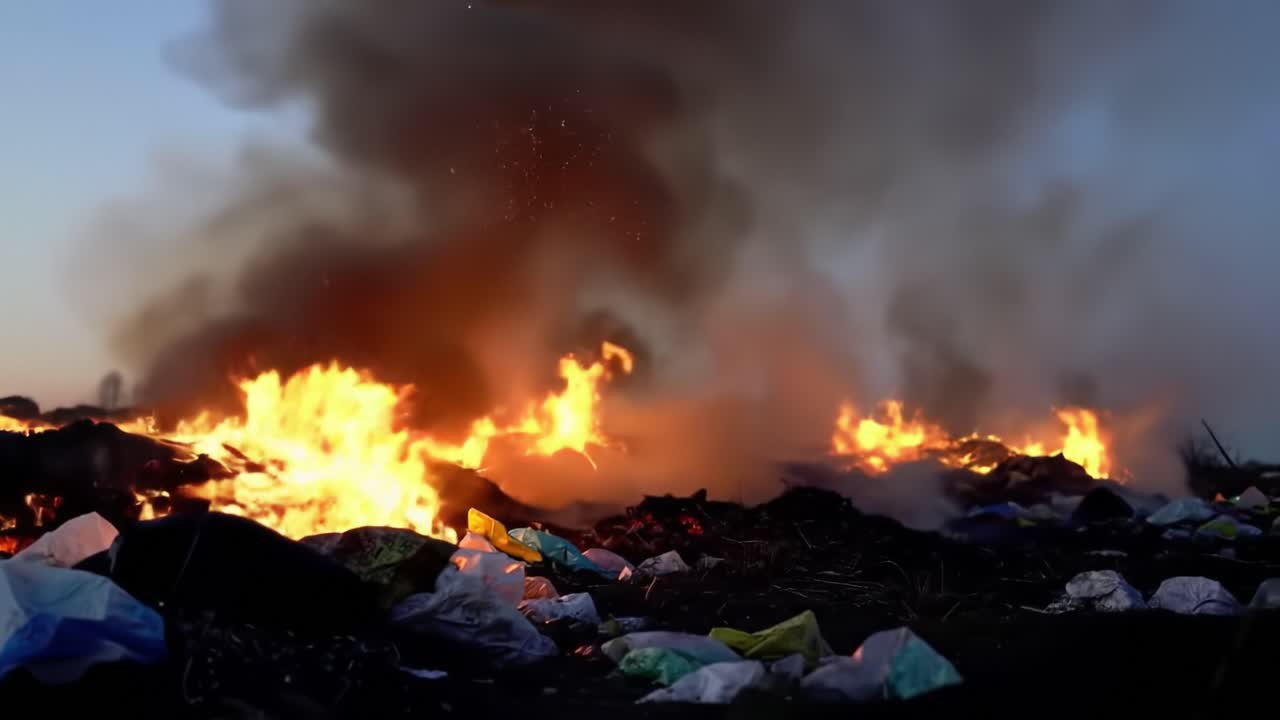 A Disturbing Scene of Environmental Devastation: Flames Erupting from a Burning Waste Site Amidst Thick Smoke Clouds, Highlighting the Consequences of Pollution