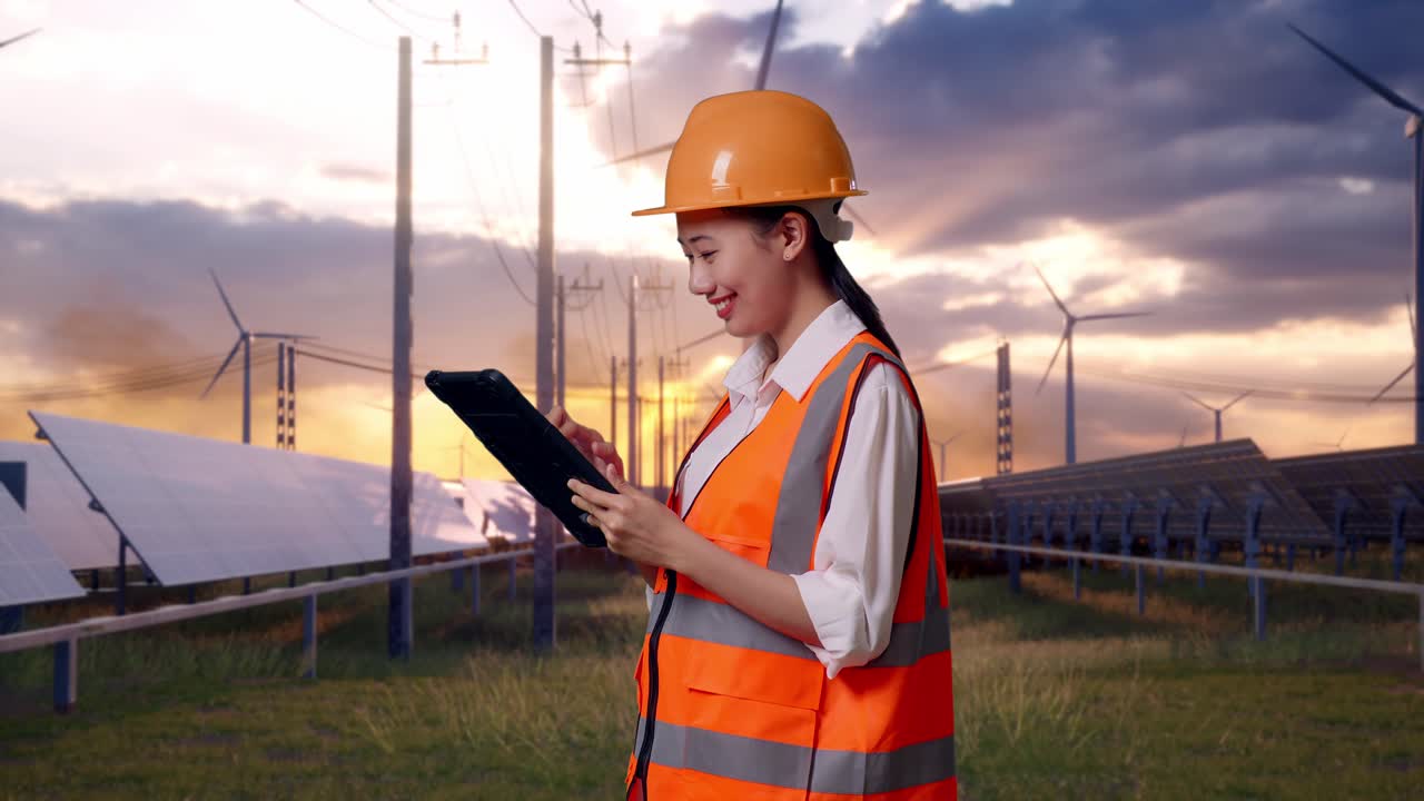 Side View Of Asian Female Engineer With Safety Helmet Working On A Tablet With Solar Panel and Wind Turbines