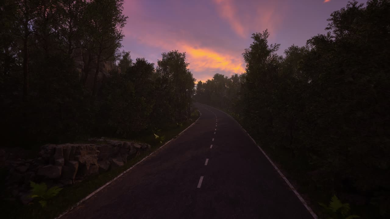 Strada forestale serena al tramonto con un cielo vibrante.