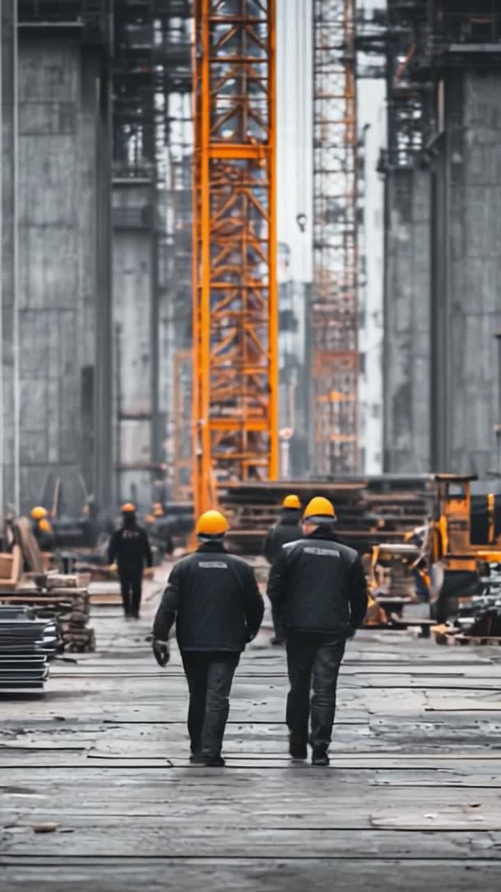 Two Construction Workers Walking Together on a Busy Site Surrounded by Towers and Machinery, Signifying Teamwork and Progress in a Developing Project