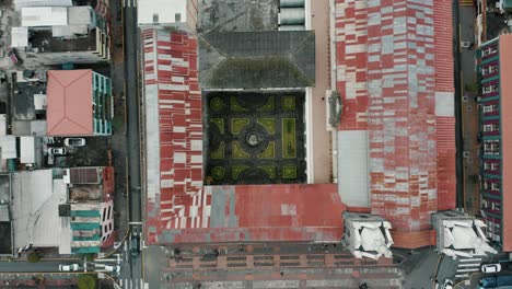 top down view of basilica sanctuary in baã±os de agua santa in ecuador - aerial drone shot