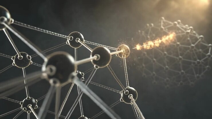 Sparking central node energizing metal lattice in void, sending gold trail charging distant cluster