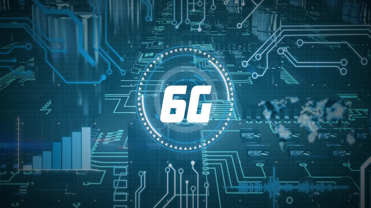 animazione di testo 6g, scansione della portata sulla mappa del mondo e processore informatico