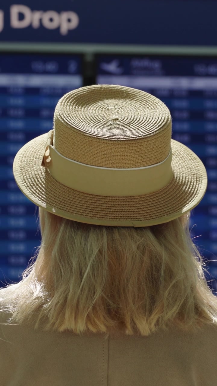 Donna con cappello di paglia che guarda un tabellone informativo