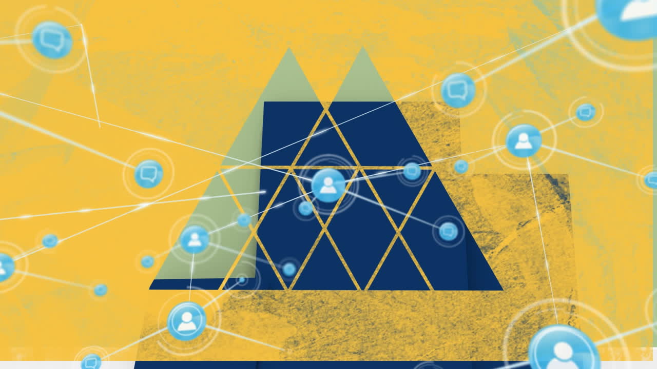 노란색 배경에 기하학적 모양 위에 아이콘으로 연결된 네트워크의 애니메이션