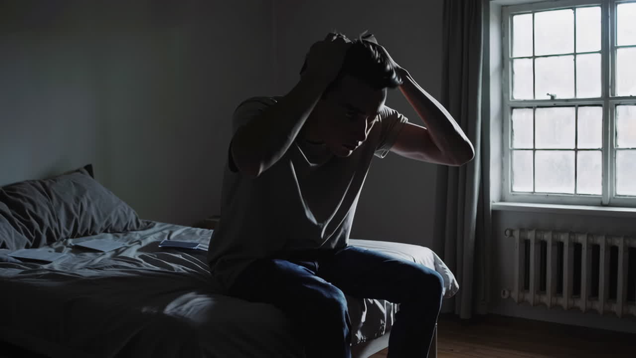 Man sitting in a bedroom, appearing distressed.