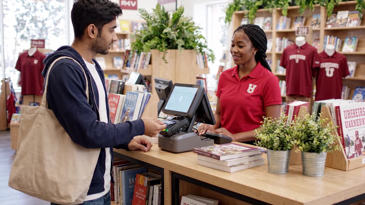 Un cliente che completa il suo acquisto alla cassa di una libreria, con un cassiere mentre si prepara a pagare con una carta al terminale del punto vendita.