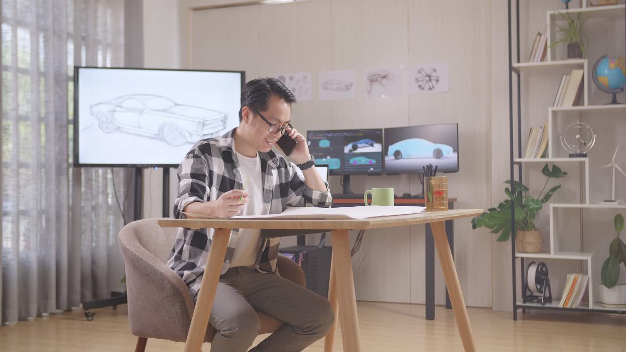 아시안 남성이 3d 전기 자동차 모델을 표시하는 tv와 컴퓨터와 함께 스튜디오에서 테이블 위에 자동차 디자인 스케치를 작업하는 동안 스마트폰으로 이야기합니다.