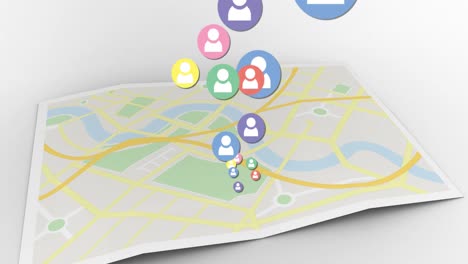 animación de múltiples iconos coloridos de personas de redes sociales digitales sobre el mapa
