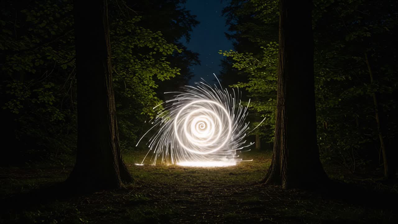 Captivating Light Spiral Formation in a Dark Forest: A Dazzling Show of Light Artistry and Nature's Serenity in the Night