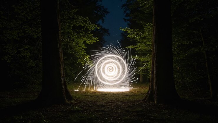 Affascinante Formazione a Spirale di Luce in una Foresta Oscura: Uno Spettacolo Abbagliante di Arte Luminosa e la Serenità della Natura nella Notte