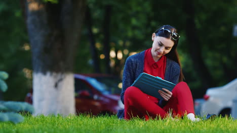 mujer elegante sentada en el césped en el parque disfrutando de la tableta en el fondo la gente camina