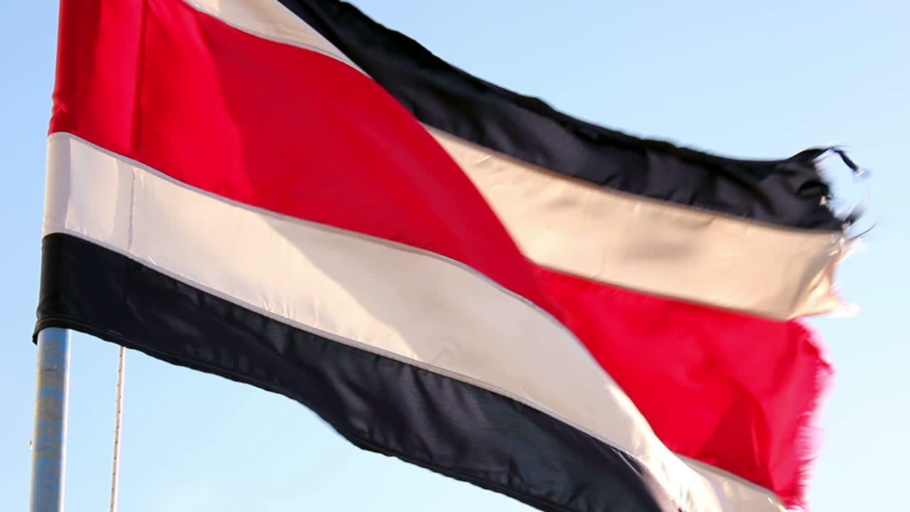 Costa Ricas flag vajer i vinden mod en blå himmel.