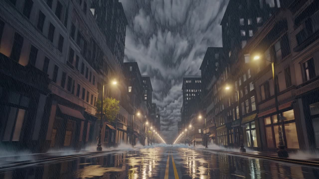 Gloomy urban street drenched in nighttime rain, streetlamps and building lights reflecting on wet asphalt, creating moody atmospheric cityscape with dark storm clouds overhead