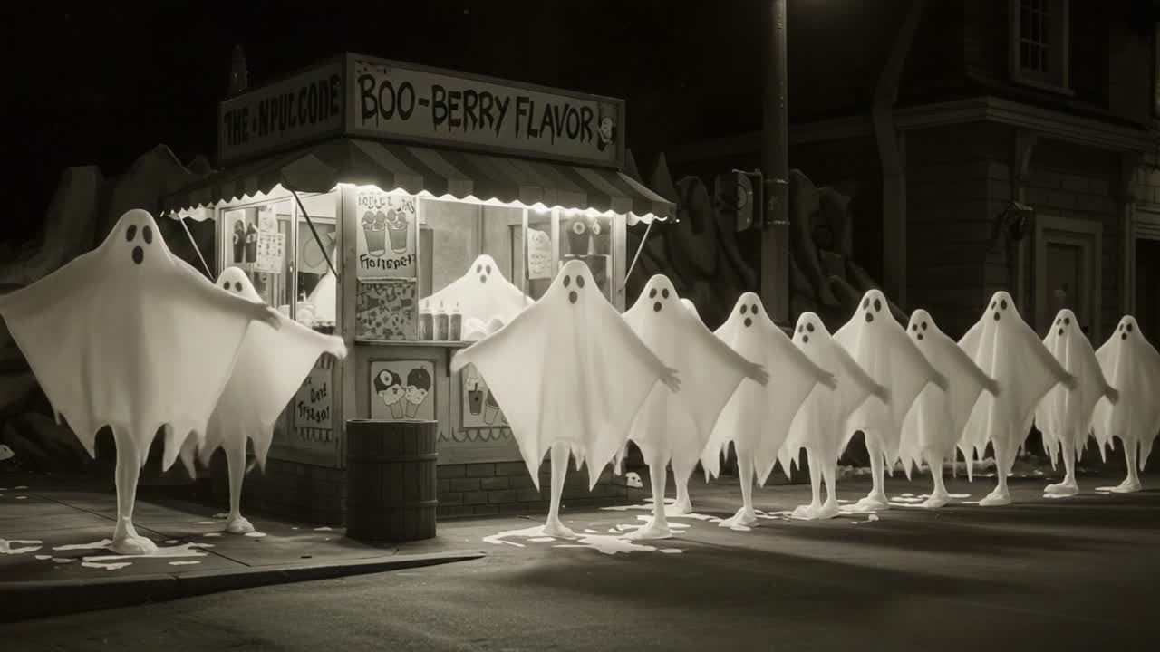 A Line of Ghostly Figures Gather Outside a Mysterious Ice Cream Stand, Each Cloaked in White Sheets, Creating an Eerie Yet Whimsical Atmosphere in a Darkened Setting