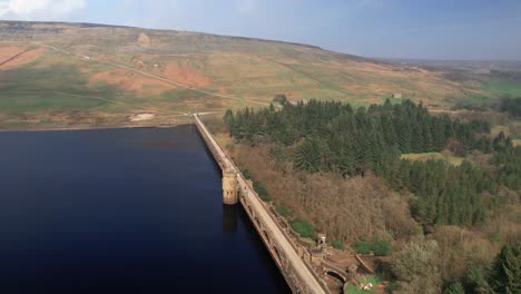 aerial panoramic view of scar house reservoir dam, north yorkshire in united kingdom