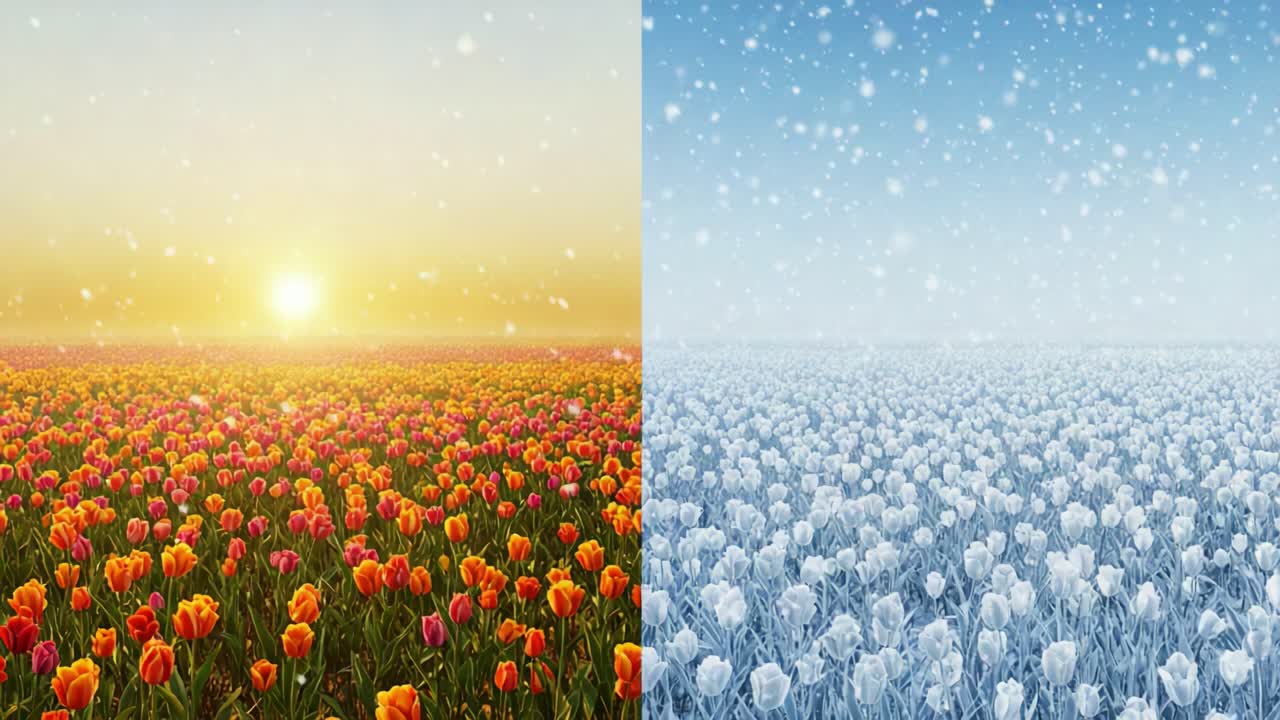 A stunning transformation of vibrant tulip fields transitioning from a sunlit spring scene to a serene winter wonderland, showcasing the beauty of changing seasons
