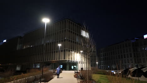 Reveal-night-shot-of-a-newly-finished-office-park-building-on-a-cloudy-day-early-hours