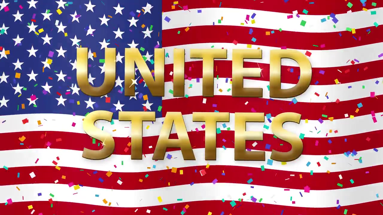 Waving American Flag with Falling Confetti and United States Text