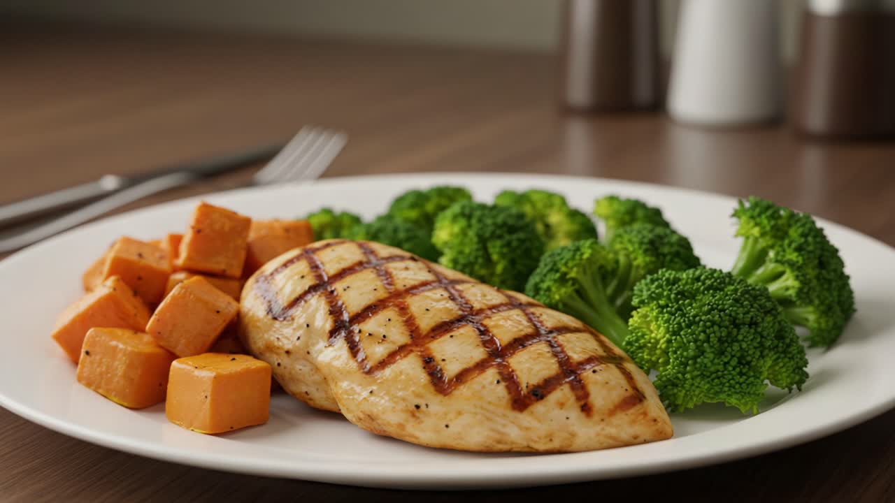 Pasto sano e nutriente con pollo grigliato, patate dolci arrosto e broccoli al vapore su un piatto bianco