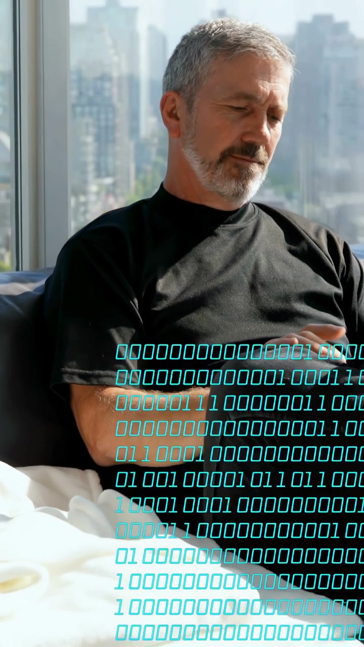 Vertikales Video: Reifer Mann legt Tablet ab und tippt, was eine binäre Überlagerung verursacht, während er IT-Daten prüft.