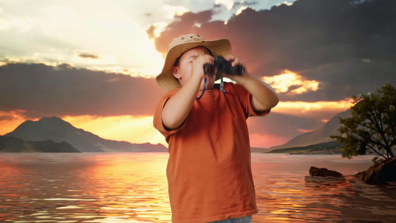 asiatischer junge mit hut steht zweifelhaft und fragt, warum, nachdem er durch das fernglas geschaut hat. junge forscher untersucht etwas an einem see, reisetourismus abenteuerkonzept