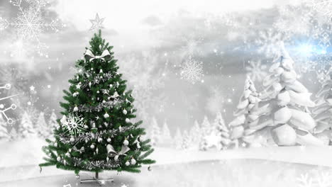 snow falling over christmas tree and multiple snow covered trees on winter landscape
