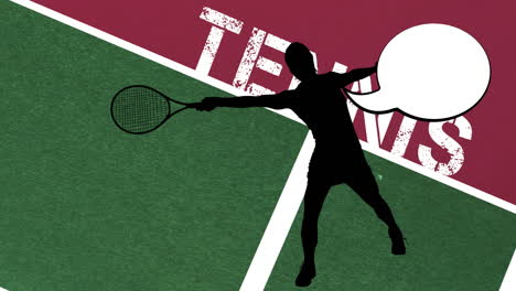 animation of silhouette of tennis player with speech bubble on tennis court background