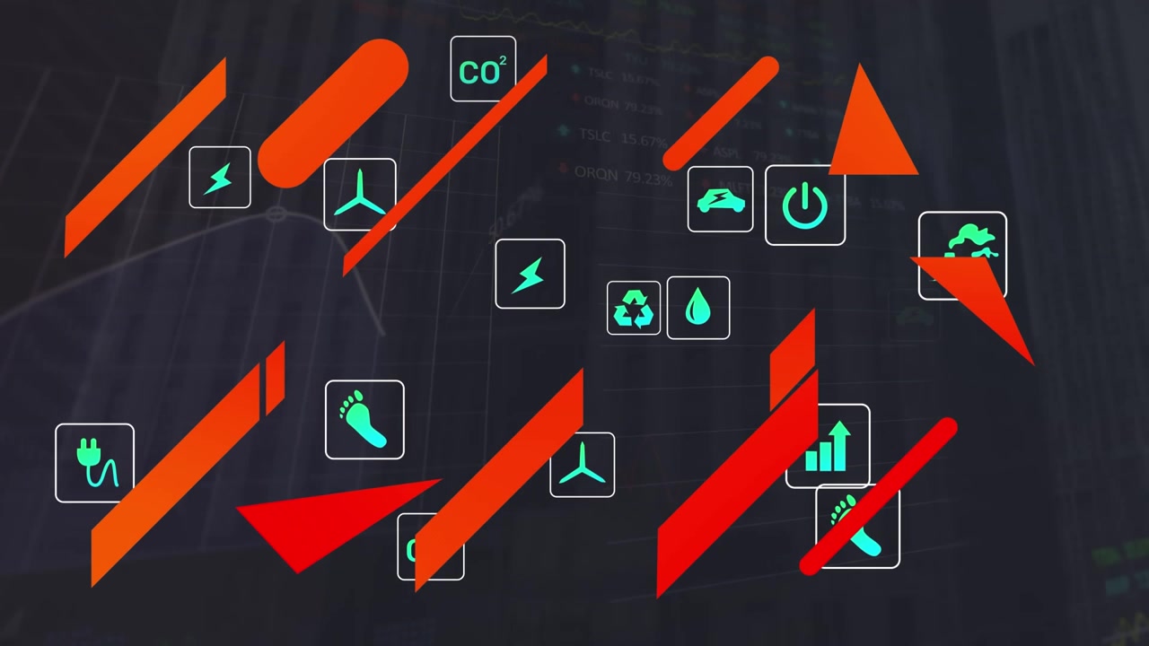 Animation of shapes and icons over data processing on black background