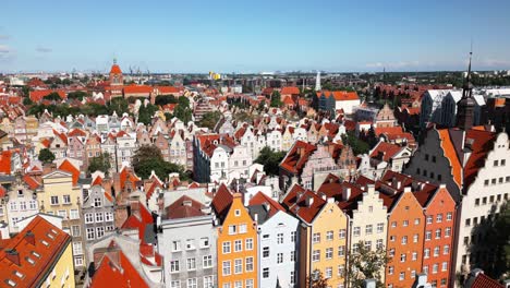 beautiful old town city centre with many red houses in gdansk, danzig, gdansk, poland, europe, drone