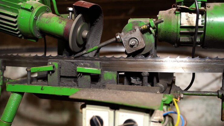 Automated bandsaw blade sharpening process with spinning grinder