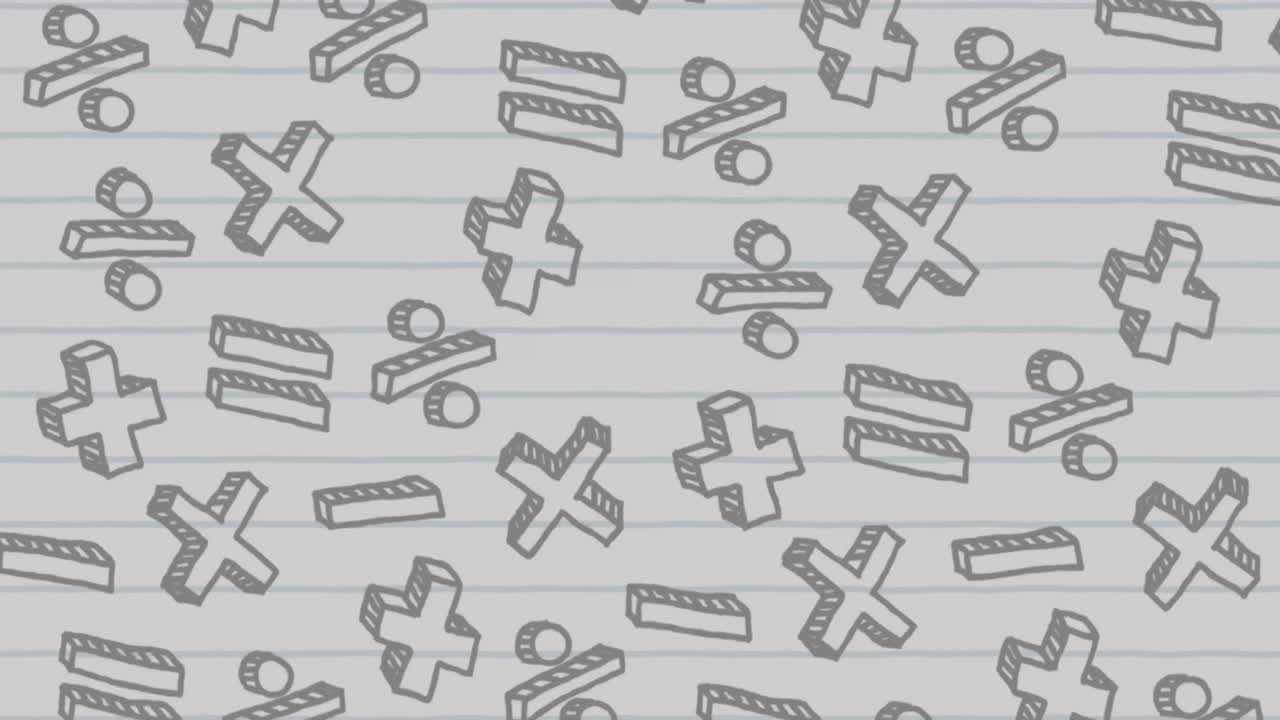 실험실 컵 아이콘은  ⁇  줄로 된 종이에 수학적 기호를 대비합니다.