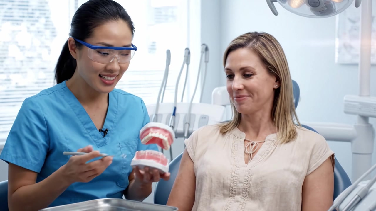 Consultazione Dentale: Un'Igienista Spiega la Cura Orale Utilizzando Modelli a un Paziente in un Luminoso e Moderno Studio Dentistico