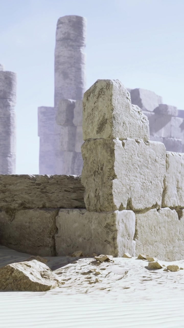 Ruinas antiguas se alzan en un paisaje desértico con columnas de piedra a lo lejos.