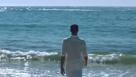 handsome man walking towards the sea