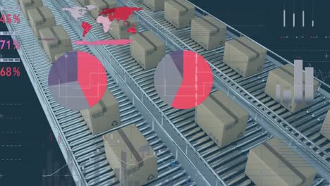 Animation-of-financial-data-processing-over-cardboard-boxes-on-conveyor-belts-in-warehouse