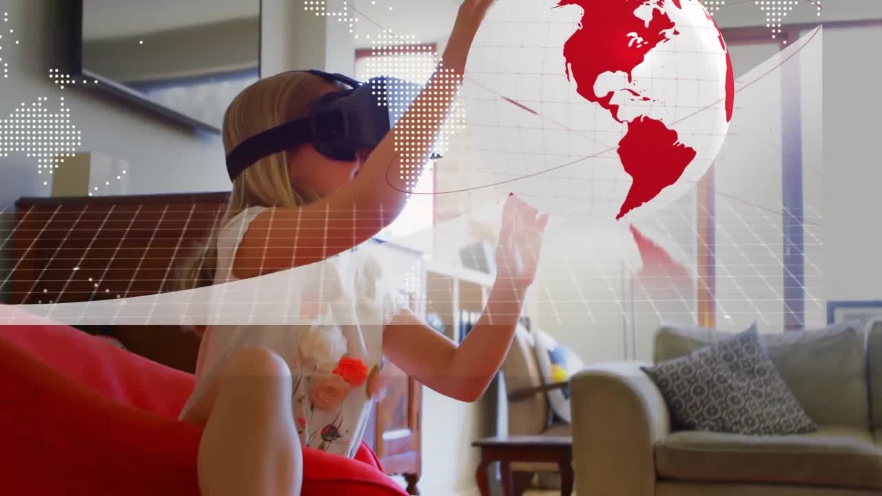 animación de la red de conexiones, globo y procesamiento de datos sobre la niña en auriculares vr