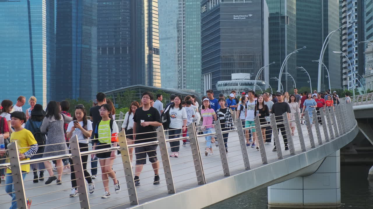 Pedestrians on a Bridge in Singapore City