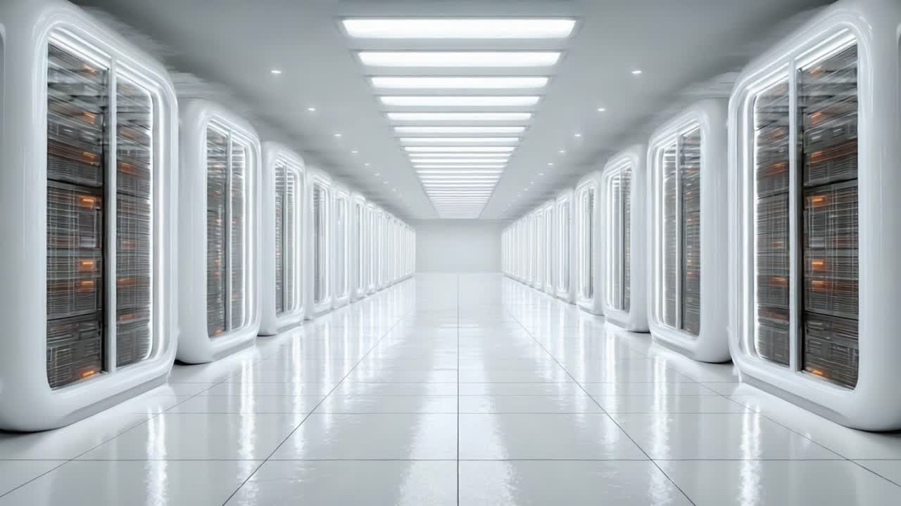 A High-Tech Data Center Featuring Rows of Advanced Server Racks in a Sleek, Modern Space, Illuminated by Bright LED Lights and Reflective Floors