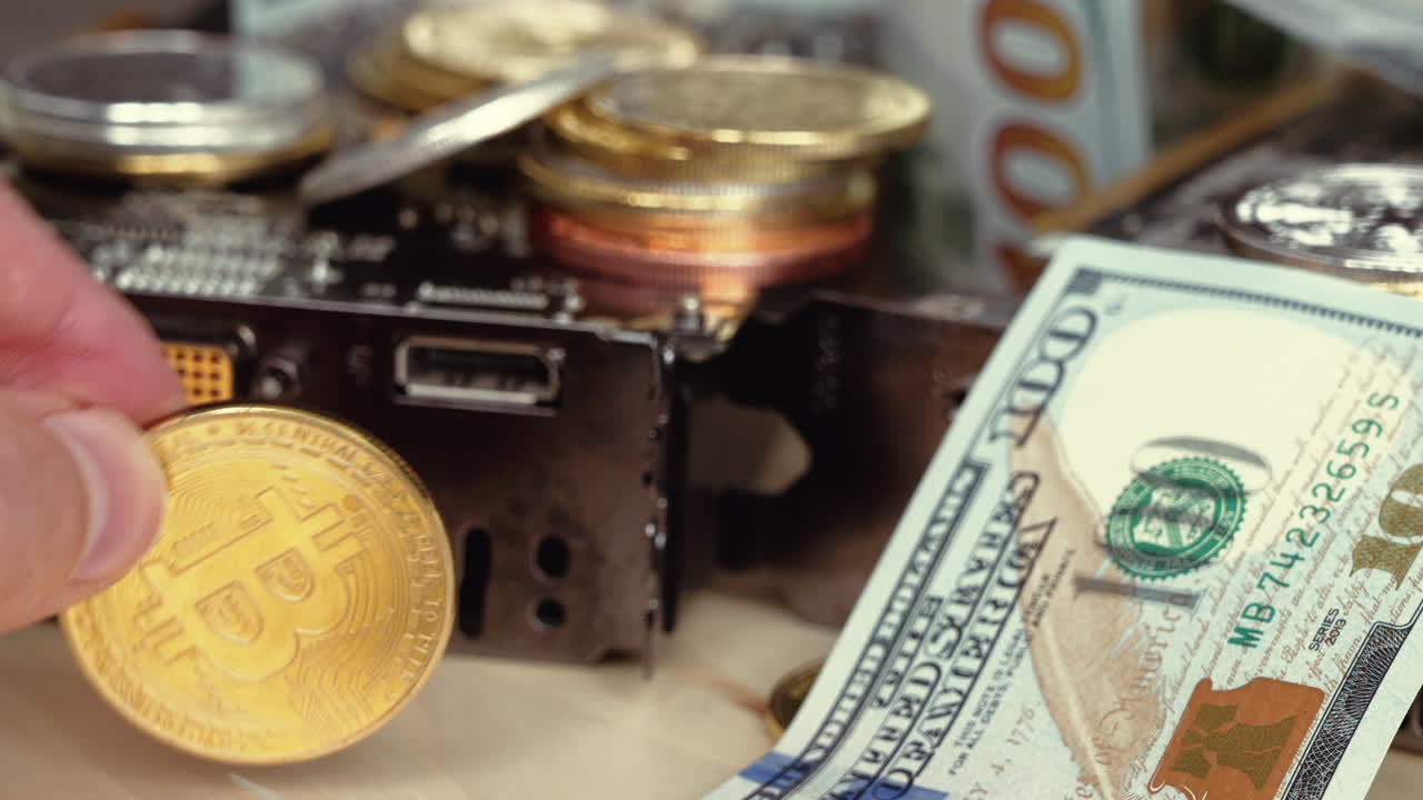 Composition with golden and silver bitcoin crypto money, dollars and computer graphic mining cards