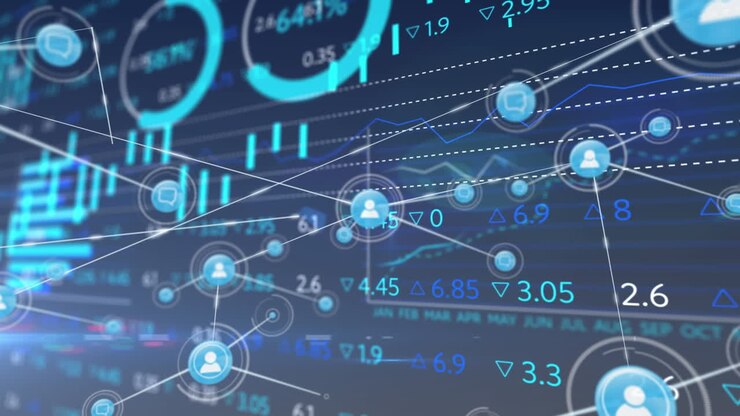 Animation of financial data processing over network of connections with icons