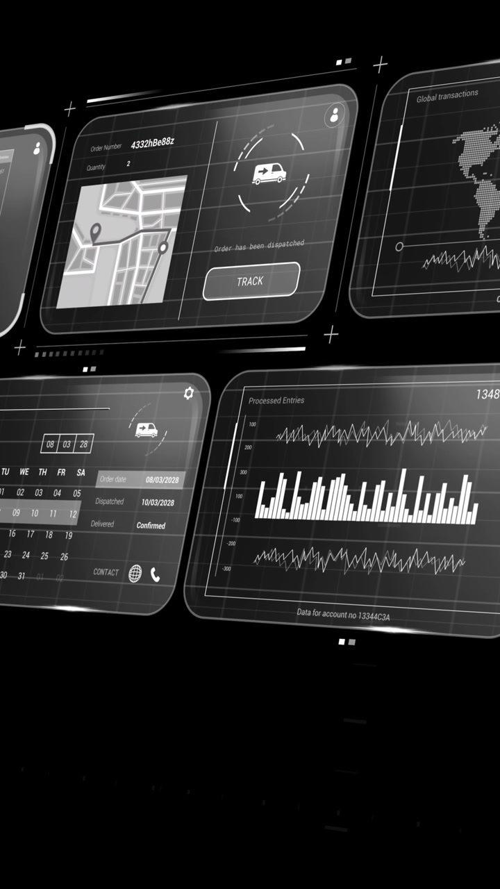 Animation von Datenverarbeitung auf Bildschirmen vor schwarzem Hintergrund