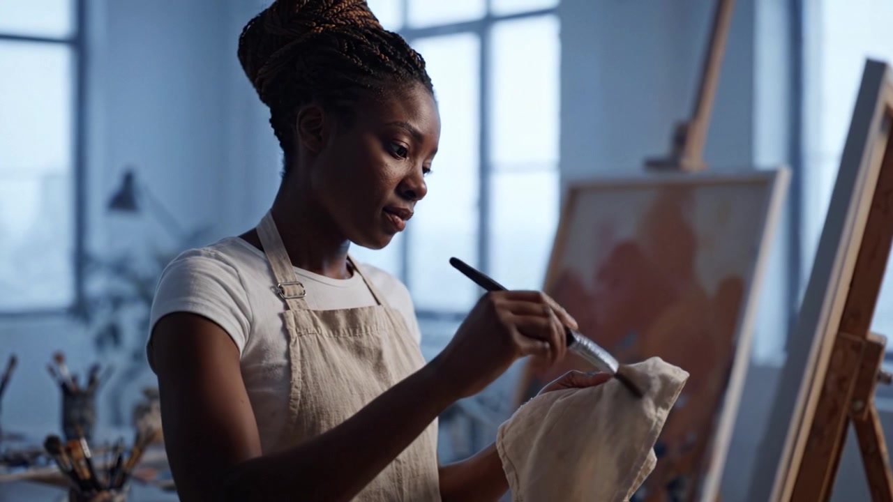 A focused artist meticulously painting on a canvas, showcasing creativity, skill, and passion for art in a bright studio filled with inspiration and tools.