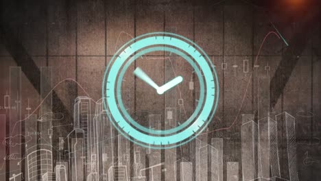 animación de reloj que se mueve rápido y procesamiento de datos estadísticos sobre el paisaje urbano