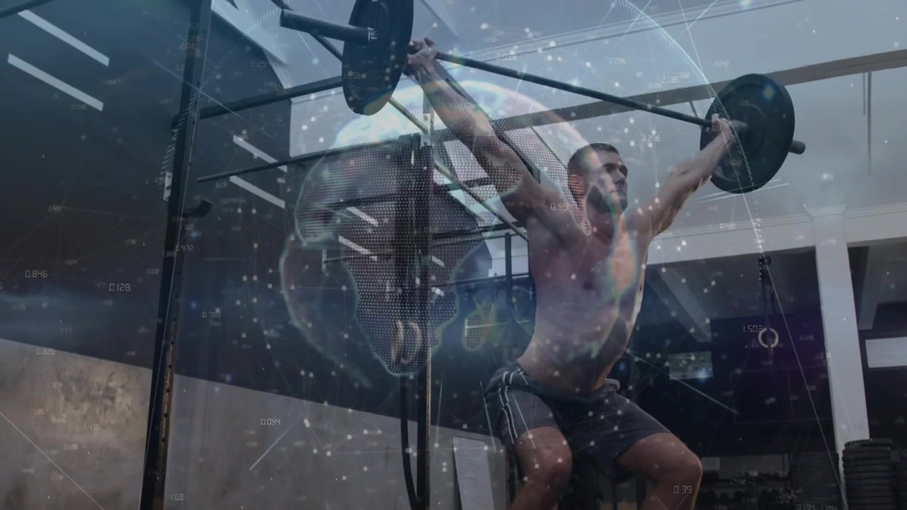 Man gripping barbell pulling ducking catching overhead for sport as digital globe overlaying motion
