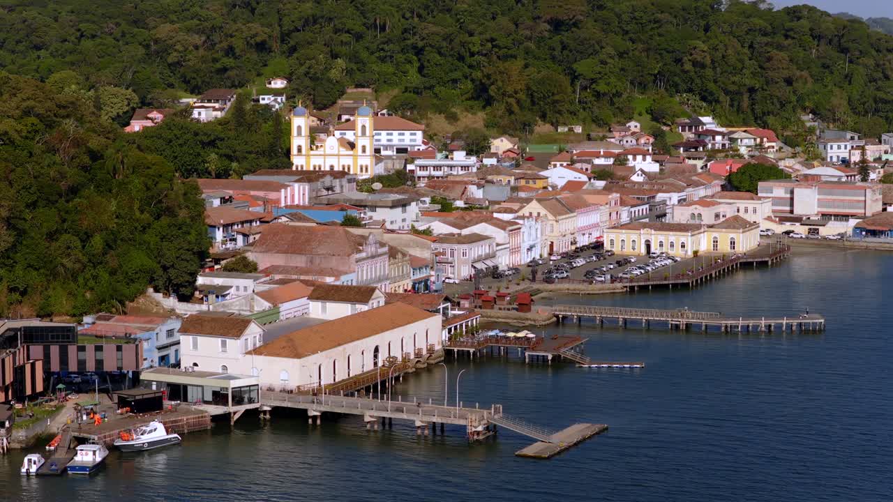 Aerial view of São Francisco do Sul waterfront with colonial buildings and church, Santa Catarina, Brazil