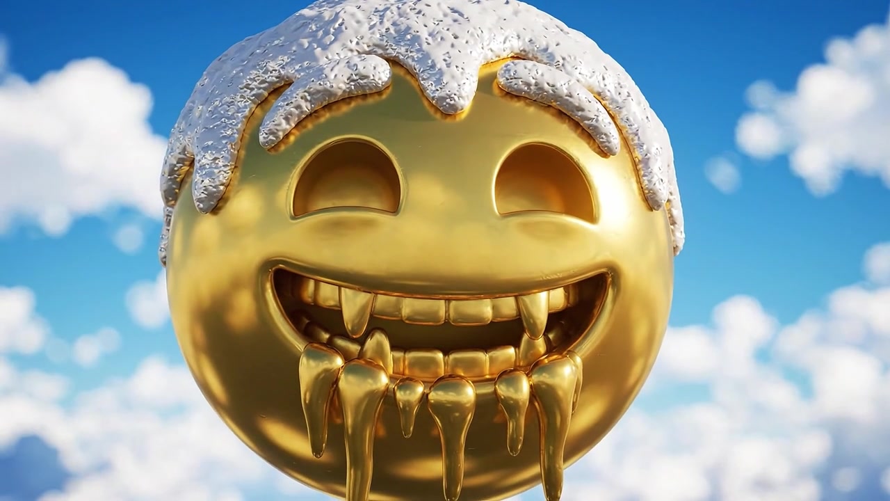 A playful golden emoji character with snow on its head, smiling amidst a bright blue sky and fluffy clouds, representing winter joy and whimsical creativity.